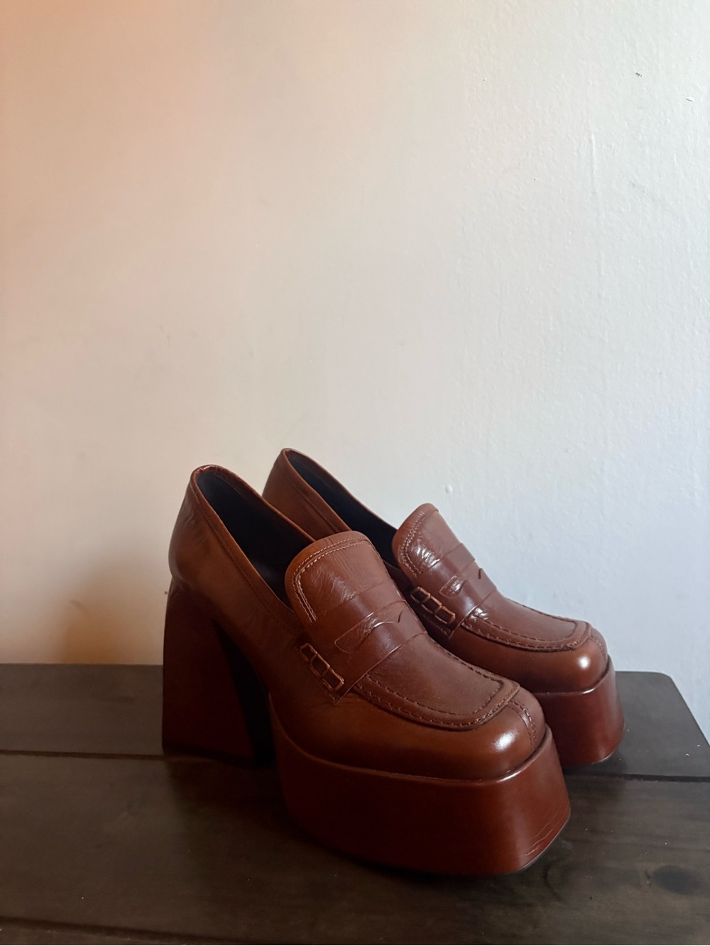L'INTERVALLE Chestnut Brown Leather Platform Loafers - Picture 3 of 9